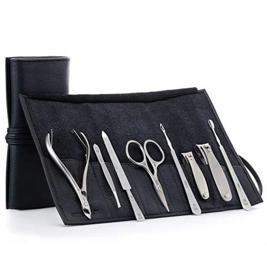 8pc manicure set in leather case - finox stainless steel tools handmade in solingen germany – professional nail and cuticle care