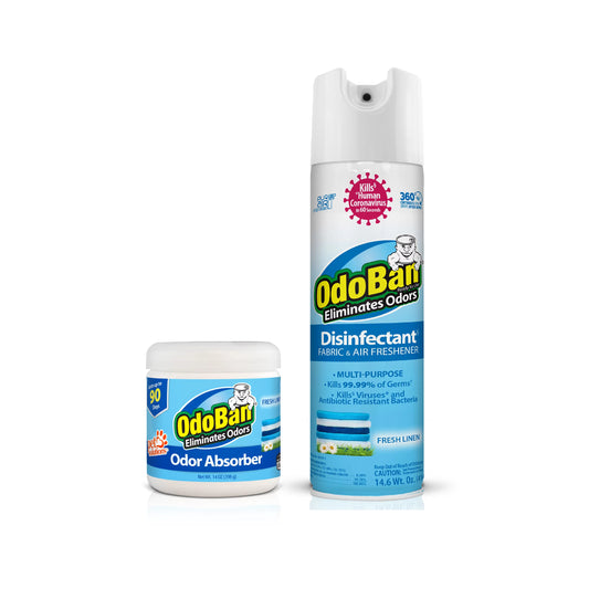 OdoBan Ready-to-Use Disinfectant and Harsh Smell Eliminator, Air and Pet Aroma Freshener and Purifier, Set of 2, 14.6 Ounce 360-Degree Continuous Spray and 14 Ounce Scent Absorber, Fresh Linen Scent