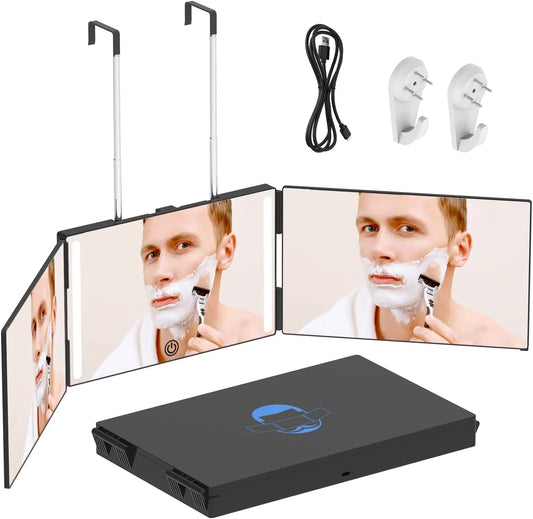 Wattne 3 Way Mirror with LED for Hair Cutting,Tri-fold Mirror for Shaver and Makeup,Adjustable Telescoping Hooks-with LED Version
