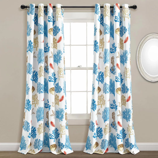 Lush Decor Coastal Reef Feather Light Filtering Grommet Window Curtain Panels Blue/Coral Single 52x84