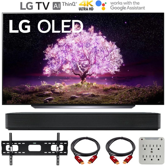 LG OLED83C1PUA 83 inch Class 4K Smart OLED TV w/AI ThinQ (2021) Bundle with LG SK1 2.0-Channel Compact Sound Bar with Bluetooth, 37-100 inch TV Wall Mount Bracket Bundle and 6-Outlet Surge Adapter