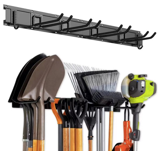 Tool Storage Rack with 6 Assorted Hooks and Large Mesh Basket for Sports Gear, Utilities -Wall Mount Garage Storage Organizer