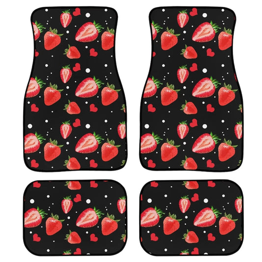 Suhoaziia Strawberry Black Car Floor Mats 4pcs Auto Decoration Accessiores,Waterproof Front Rear Floor Foot Carpet for Van SUV Vehicle,Non-Slip Protection Car Mat Carpet,Four Seasons Use