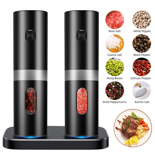 KingFurt 2 Pack Rechargeable Electric Salt and Pepper Grinder Set and Refillable Spice Automatic Mill Shakers Set with Adjustable Coarseness