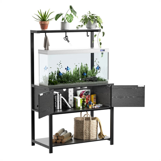 Veanerwood 40 Gallon Fish Tank Stand with LED Light Power Outlets,Metal Aquarium Stand with Storage Shelf and Moveable Hooks for Accessories Storage,Turtle Reptile Terrariums Standy (Rectangular)