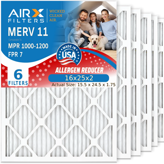 16x25x2 Air Filter MERV 11 Comparable to MPR 1000, MPR 1200 & FPR 7 Electrostatic Pleated Air Conditioner Filter 6 Pack HVAC Premium USA Made 16x25x2 Furnace Filters by AIRX FILTERS WICKED CLEAN AIR.