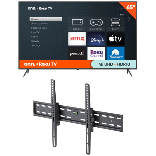 Onn 65 4k Roku 4K with a onn. Tilting TV Wall Mount for 50 to 86 TV's, up to 12° Tilting
