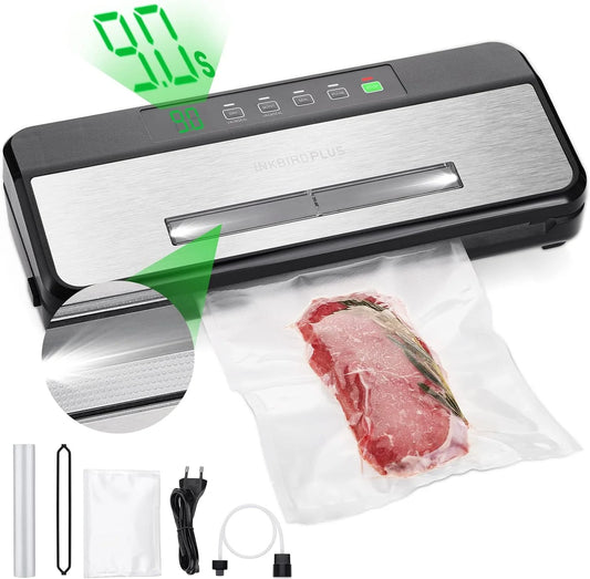 QCAI Food Vacuum Sealer Machine, Sealing-Time Countdown& Viewable Window, Built-in Cutter and Roll Storage(Up to 20ft), One-Touch Moist Modes for Seasoned Meat, Starter Kit with Bag*5, Roll*1