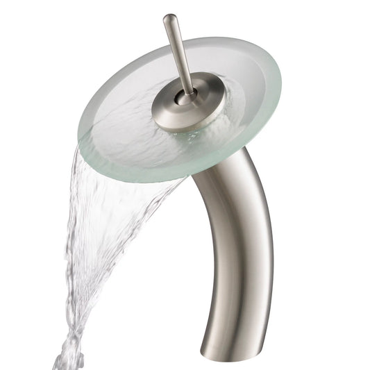 KRAUS Tall Waterfall Bathroom Faucet for Vessel Sink with Frosted Glass Disk, Satin Nickel Finish