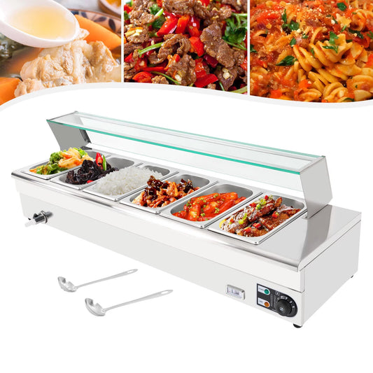 110V Bain Marie Food Warmer 6 Pan x 1/3 GN,Food Grade Stainelss Steel Commercial 1.2KW NB-B36