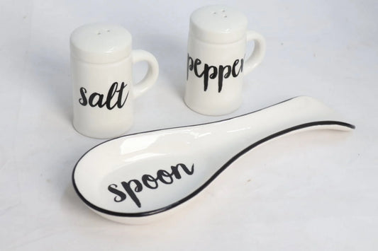 Drew DeRose Designs ceramic cream and  black spoon rest and salt/pepper set