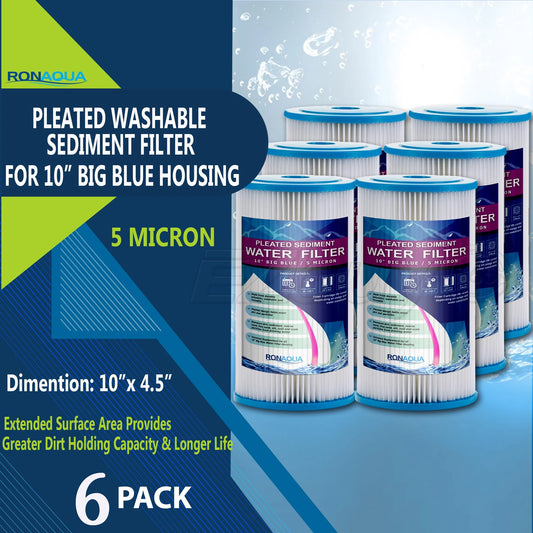 Big Blue Pleated Washable & Reusable Sediment Filter 5 Micron Amplified Surface Area, Removes Sand, Dirt, Silt, Rust, Extended Filter Life for 10 Big Blue Housing by Ronaqua (Set of 6)