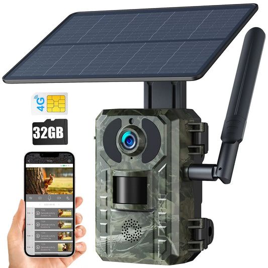 CAMPARK 4G Cellular Solar Trail Camera with SD Card, 2.5K 14MP Hunting Game Camera with Live View and Motion Alerts, 940nm No Glow Night Vision and IP66 Waterproof for Wildlife Monitoring