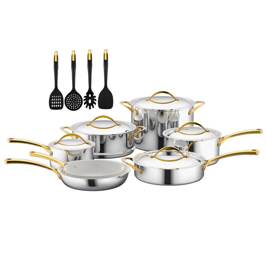 NutriChef 16-Piece Set Clad Kitchen Cookware W/ Nylon Utensils Fry Pan W/ Ceramic Non-Stick Coating