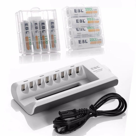 EBL 8 Bay Battery Charger with 4-Pack 2800mAh AA Batteries,1100mAh AAA Batteries for AA AAA Ni-CD Ni-MH Rechargeable Batteries