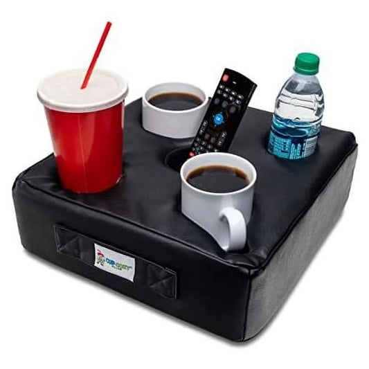 5 Hole (Black Faux Leather)- -The World's Best Cup Holder! Keep Drinks Close And Safe From Spills. Use Anywhere-Couch, Floor, Bed, Man Cave, Car, RV, Park, Beach And More!