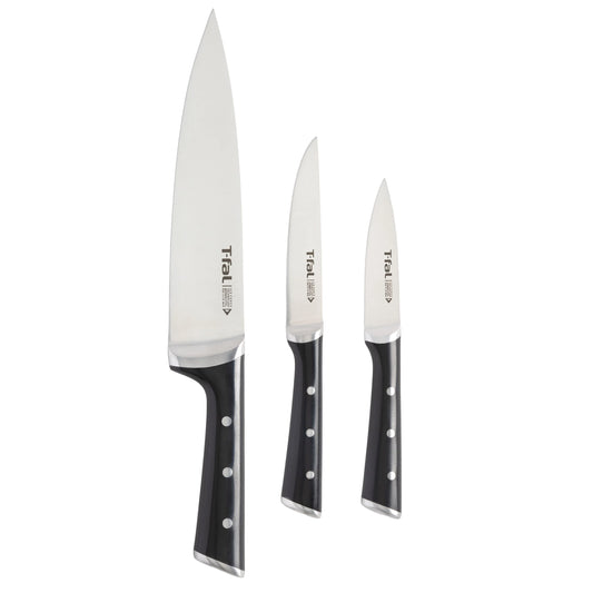 T-fal Ice Force, 3 Knives Set, 8 inch Chef Knife, 5 inch Utility Knife, and 3.5 inch Paring Knife.