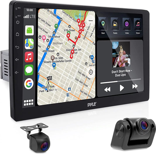 Pyle Single DIN Car Stereo Receiver - 10'' 1080P HD Touch Screen Bluetooth Car Radio Audio Receiver Multimedia Player - WIFI/GPS/AM/FM, Mirror Link for Android/iOS, Front/Rear DVR Camera, Dual USB