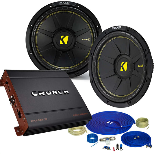 Kicker 2 12 Comp Subwoofers and a Crunch PX2000.1D 2000 Watt Max Amp + Amp wire kit Package