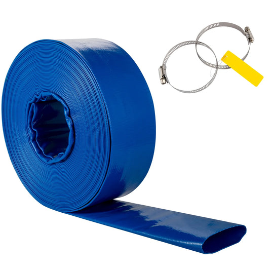 SKYSHALO Discharge Hose, Heavy Duty Backwash Drain Hose with Clamps, 3 x 105', PVC Fabric Lay Flat Hose, Weather-proof & Burst-proof, Ideal for Swimming Pool & Water Transfer, Blue