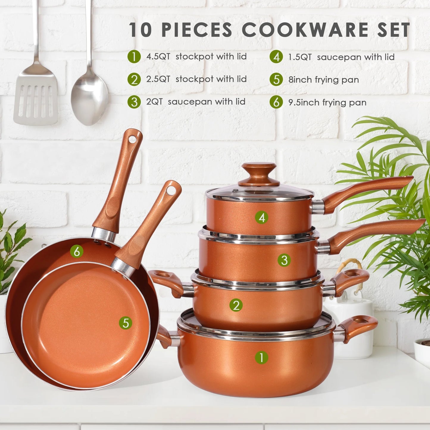 Scafild | 10-Piece Ceramic Nonstick Aluminum Cookware Set - Copper