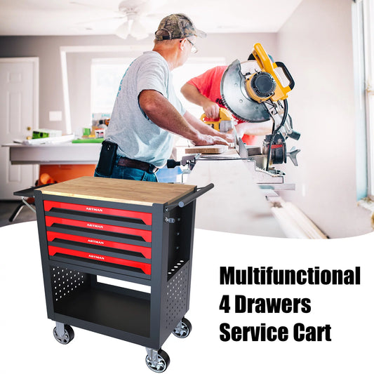 4 Drawers Rolling Tool Chest Multi-Functional Tool Cart with Wheels & Wooden Top Workbench, Workshop Tool Organizer Cabinet