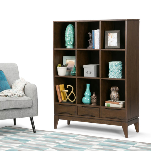 WyndenHall  Pearson SOLID HARDWOOD 58 inch x 42 inch Mid Century Modern Cube Storage Bookcase with Drawers Walnut Brown Stained, Wood Finish Storage,