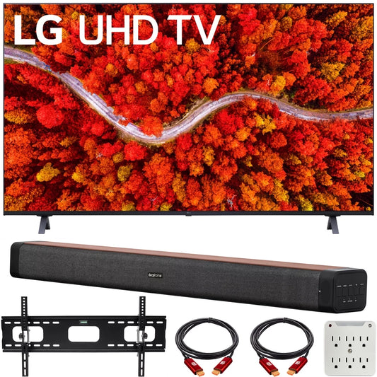 LG 75UP8070PUA 75 Inch Series 4K Smart UHD TV 2021 Bundle with Deco Home 60W 2.0 Channel Soundbar, 37-100 TV Wall Mount Bracket Bundle and 6-Outlet Surge Adapter