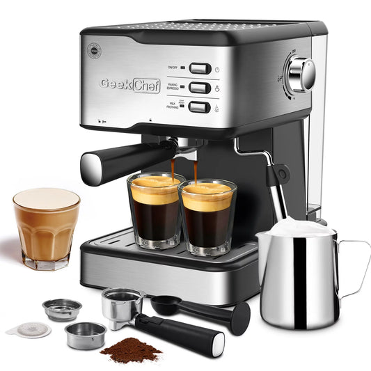 Geek Chef Espresso Machine, Espresso and Cappuccino latte Maker 20 Bar Pump Coffee Machine Compatible with ESE POD capsules filter&Milk Frother Steam Wand,950W,1.5L Water Tank