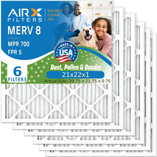 21x22x1 Air Filter MERV 8 Comparable to MPR 700 & FPR 5 Electrostatic Pleated Air Conditioner Filter 6 Pack HVAC AC Premium USA Made 21x22x1 Furnace Filters by AIRX FILTERS WICKED CLEAN AIR.