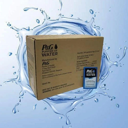 WAGEE Portable Water Purifier Packets (Box of 240 Packets). Emergency Water Filter Purification Powder Packs for Camping, Hiking, Backpacking, Hunting, and Traveling.