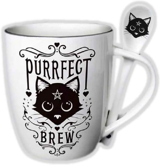 Sacred Cat Purrfect Brew Ceramic Mug And Spoon Set By Alchemy England