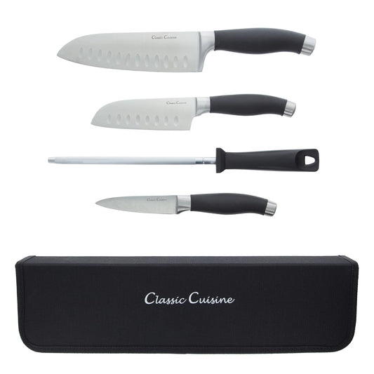 Professional Chef 5 Piece Knife Set, Stainless Steel Hand Forged Knives with Sharpening Steel and Zip Closure Storage Travel Bag by Classic Cuisine