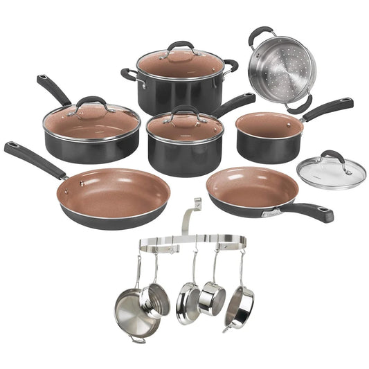 Cuisinart 54CCP-11BK 11pc Ceramica XT Non-Stick Cookware Set Bundle with Cuisinart Wall Mounted Oval Cookware Rack Stainless Steel