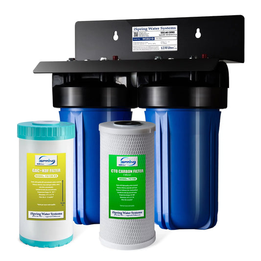 iSpring WGB21B-KS 2-Stage Whole House Water Filtration System, with 10 x 4.5 Sediment CTO(Chlorine, Taste, and Odor) Filter,KDF+GAC filter, Removes Chlorine, Iron, Lead, Odor and More, 1 Inlet/Outl