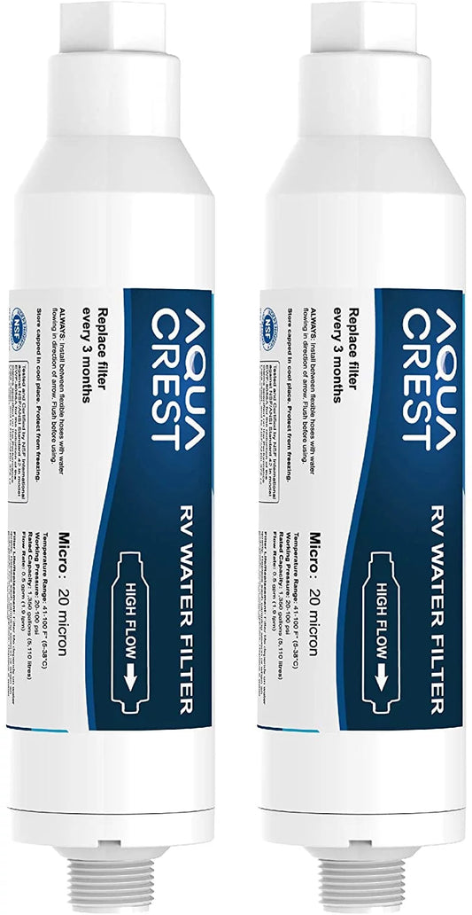 2 Pack AQUACREST RV Inline Water Filter, PURE KDF Filter, NSF Certified, Ideal for Marines, Gardening and Planting, Reduces Lead, Fluoride, Chlorine, Bad Taste, Odor, Sediment and More