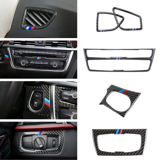 Xotic Tech Interior Multimedia Control Headlight Switch Panel Enging Start Side AC Vent Outlet Cover Trim Combo Kit, M Colored Carbon Fiber, Compatible with BMW 3 4 Series F30 F34 F32 F36