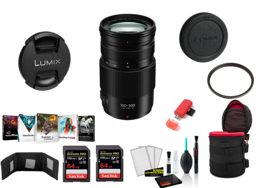 Panasonic Lumix G Vario 100-300mm f/4-5.6 II POWER O.I.S. Telephoto Zoom Lens - Bundle with 2x 64GB Memory Card, Editing Software and More (International Model)
