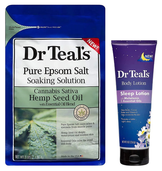 Dr. Teal,S Pure Epsom Salt Soak & Sleep Lotion Gift Set - Cannabis Sativa Hemp Seed Essential Oil Blend (3Lbs), Nighttime Therapy Melatonin Body Lotion (8Oz) - Calms The Senses & Promotes Better.