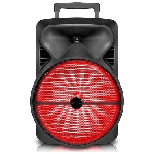Technical Pro Rechargeable 12 inch Portable Bluetooth LED Speaker with USB / SD Card, 1/4 Microphone Inputs, Top and Side Carry Handles and Wheels
