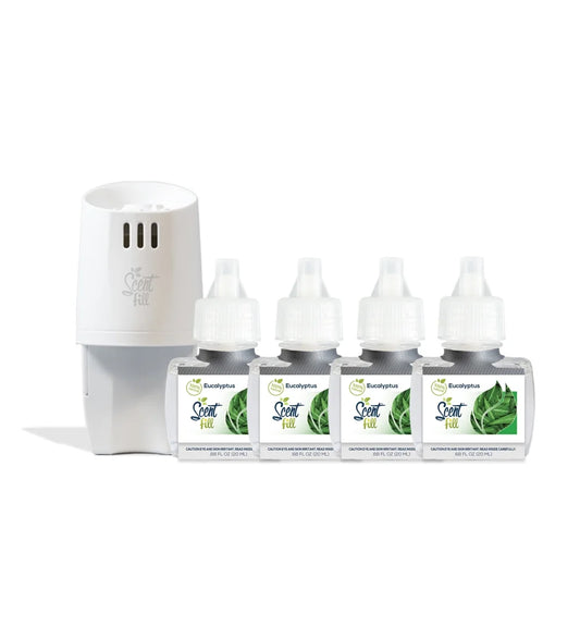 Scent Fill 100% Natural Eucalyptus Plug in Air Freshener Refill Starter Kit with (4 Refills + 1 Diffuser)