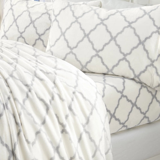 Great Bay Home Printed Velvet Plush Warm and Cozy Fleece Sheet Set  (Twin, Lattice - White / Grey)