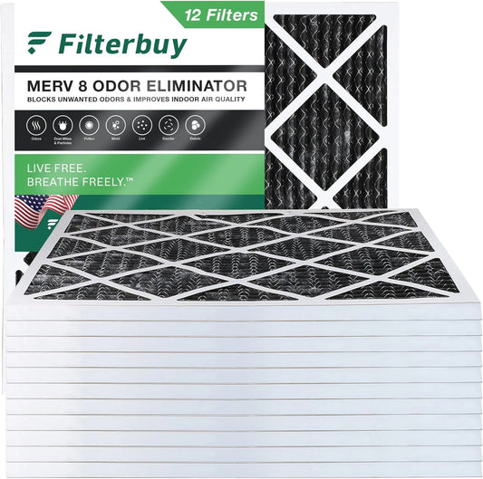 Filterbuy 20x20x1 MERV 8 Odor Eliminator Pleated HVAC AC Furnace Air Filters with Activated Carbon (12-Pack)