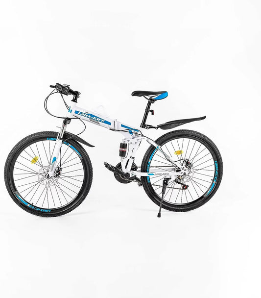 26 inch Folding Bike, 21 Speeds Mountain Bike, Dual Shock Carbon Fiber Frame, Adjustable Saddle, Top Blue and White, Hydraulic Disc Brake Bike for Men and Women