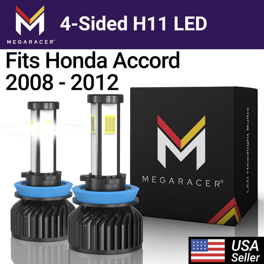 Mega Racer Honda Accord 4 Sided H11 H9 H8 LED Headlight Bulbs 6000K Diamond White 12V 60W 10000LM Honda Accord 2008 2009 2010 2011 2012 08 09 10 11 12 Low Beam/ Fog Light Automotive Replacement