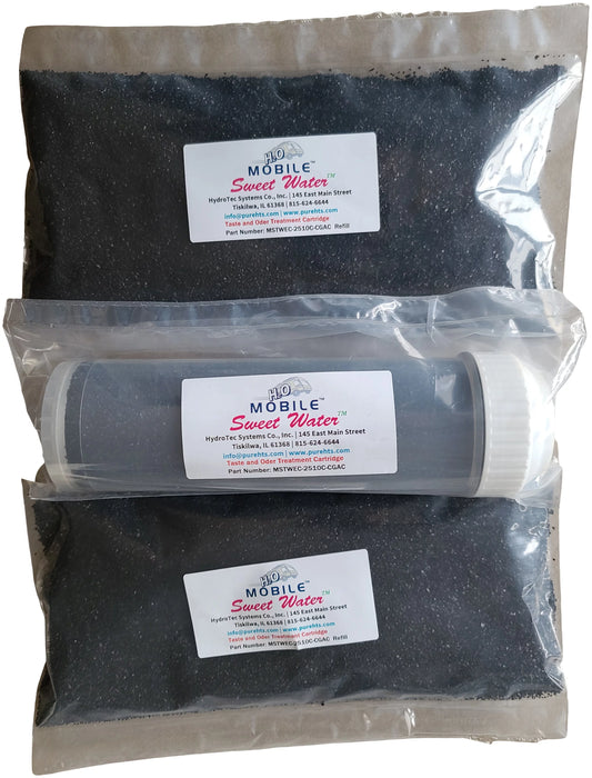 Refillable 2.5 by 10 cartridge sleeve filled with Virgin Coconut Granulated Activated Carbon With two (2) bags of refill carbon