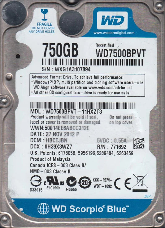 WD7500BPVT-11HXZT3, DCM HBCTJBN, Western Digital 750GB SATA 2.5 Hard Drive