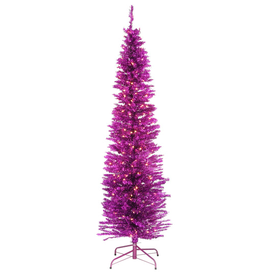 National Tree Company Pre-Lit Artificial Christmas Tree, Pink Tinsel, White Lights, Includes Stand, 6 feet