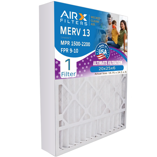 20x25x6 Air Filter MERV 13 Comparable to MPR 1500 - 2200 & FPR 9 Compatible with Aprilaire 201 Premium USA Made 20x25x6 Furnace Filter 1 Single Filter by AIRX FILTERS WICKED CLEAN AIR.