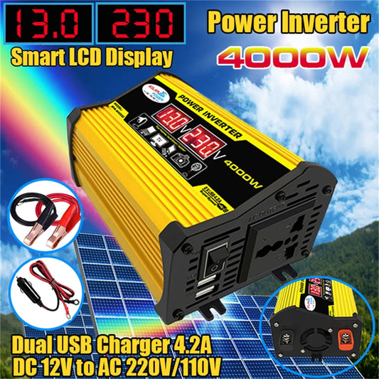Apexeon Portable Inverter 4000W, Car Power Inverter, DC12V to AC110/220V Transformer, Modified SineWave Inverter with Dual USB, LED Display